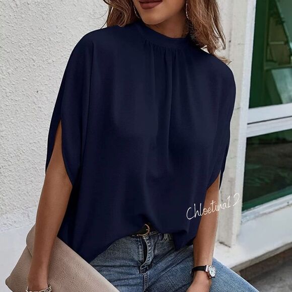 NEW Oversized Mock Neck Batwing Blouse - Picture 3 of 7